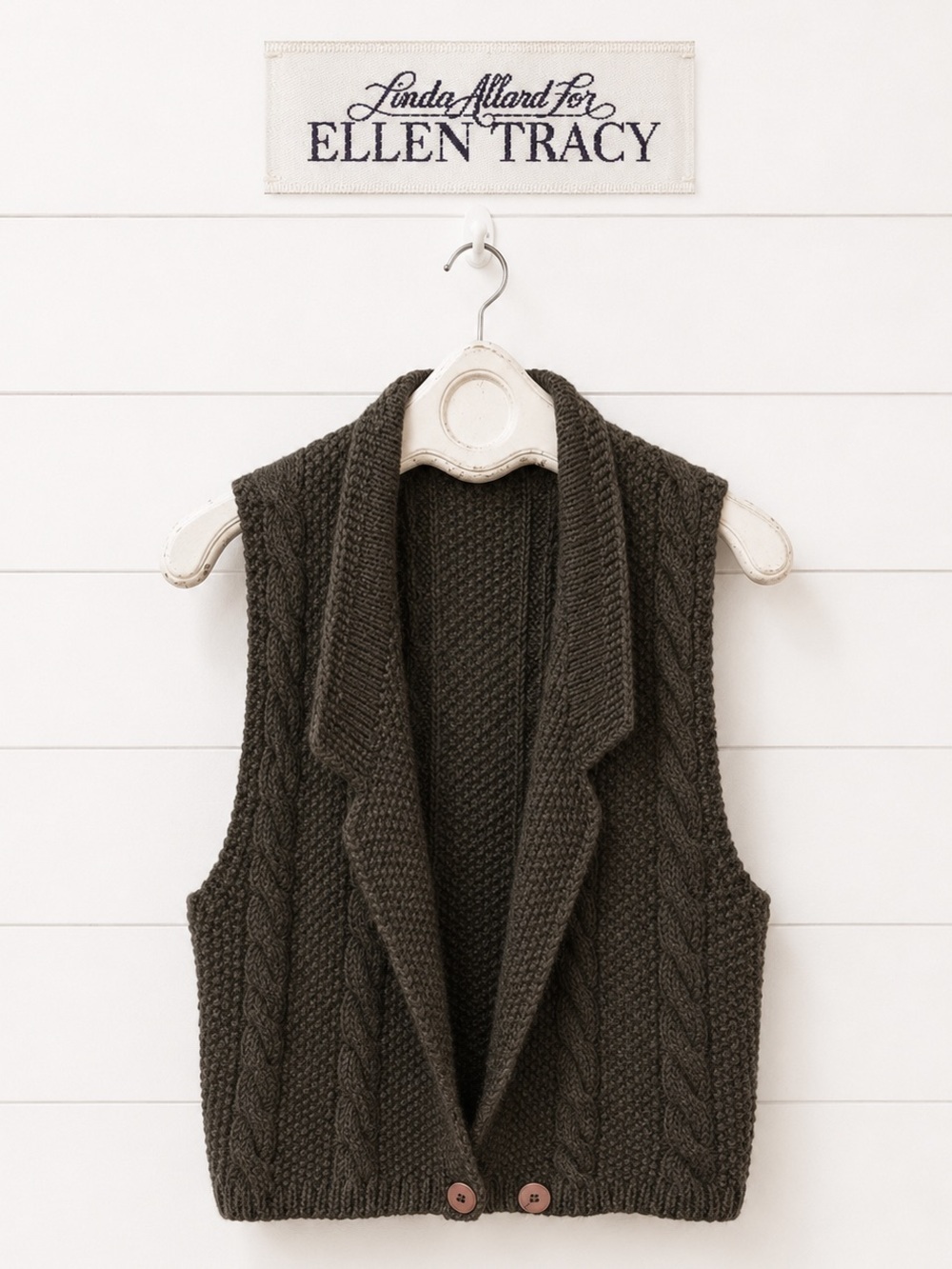 LINDA ALLARD for ELLEN TRACY Brown Khaki Cable Knit Sleeveless Cardigan Size S